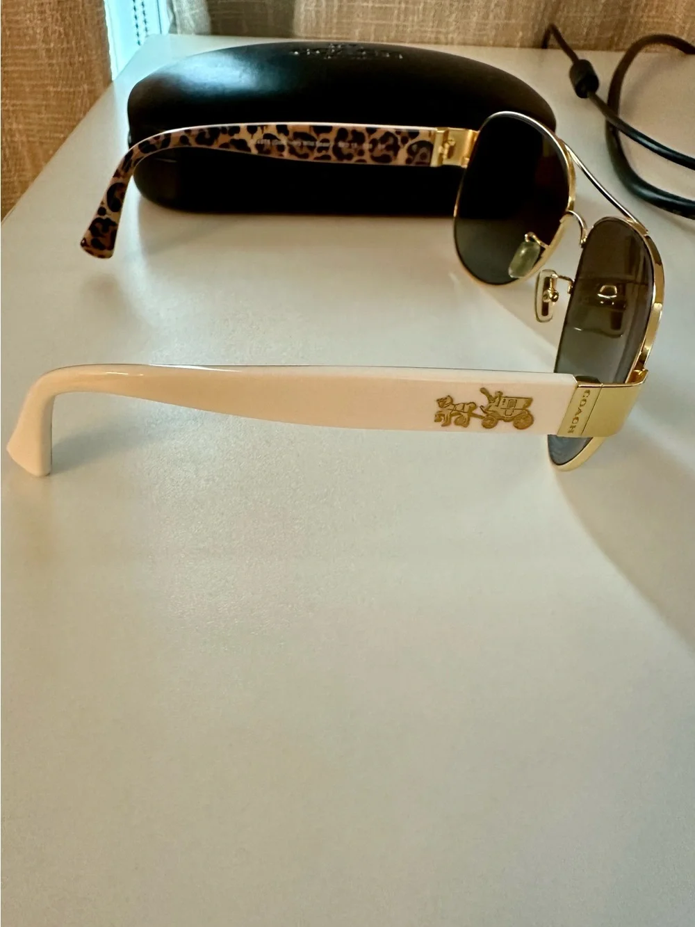 Coach Gold Aviator Sunglasses with Brown Gradient Lenses and Leopard Temples